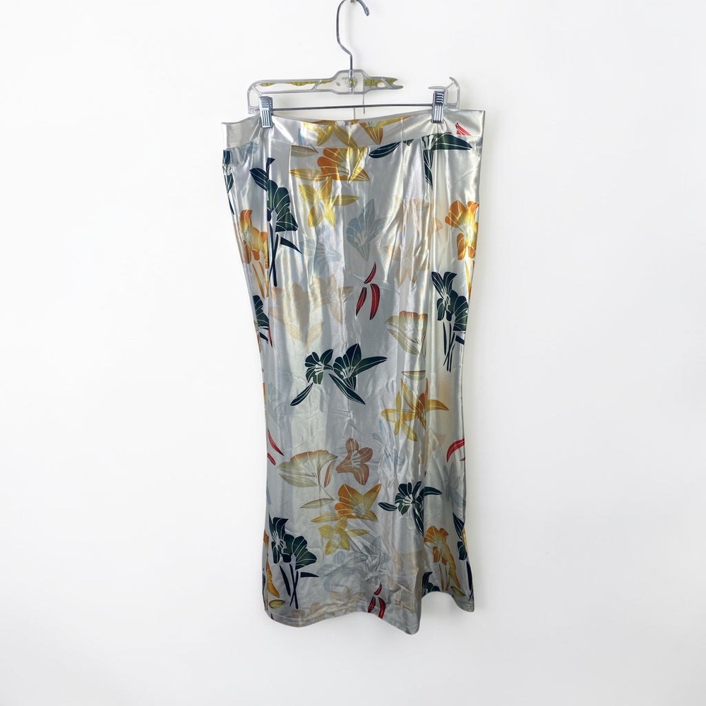 Tropical Floral Satin Maxi Skirt Silver White High Waist Straight Size 1XL
